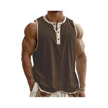 Imagem de Camiseta Sem Mangas Masculina Leve E Respirável Com Gola Henley Casual