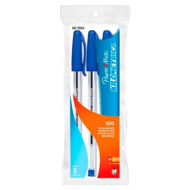 Imagem de Caneta Esferográfica Papermate Km 100 Retrátil 1.0mm Azul com 3 Unidades