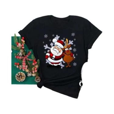 Imagem de Camiseta Feminina De Natal Com Estampa De Rena E Papai Noel, Gola O, E