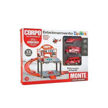 Imagem de Brinquedo Estacionamento Infantil Corpo de Bombeiros com Pista Garagem Carrinhos e Helicóptero Vermelho