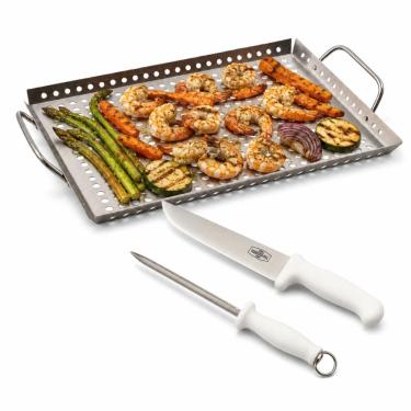 Imagem de Kit Churrasco KITGPA81GP01 Bandeja Grelha Faca e Chaira Aço Inoxidável Antiaderente para Grelhar Prata Prana Gourmet