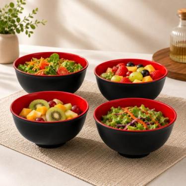 Imagem de Kit 4 Tigelas Japonesas Melamina Preta Vermelha 700ml Bowl Salada Sopa