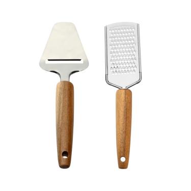 Imagem de Jogo Cortador e Ralador de Queijo Mimo para Servir e Preparar em Aço Inox e Madeira Acácia com Design Elegante