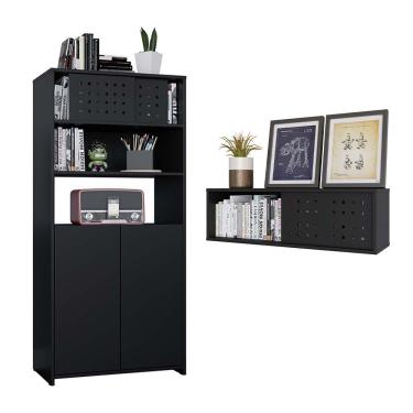 Imagem de Kit Escritório Armário Alto Nicho Gamer Pixel Preto Caemmun