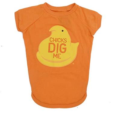Imagem de Camiseta Peeps Chicks Dig Me Dog, tamanho pequeno (P) | Camiseta laranja e amarela para cães pequenos, macia e confortável lavável na máquina | Roupa para cães Peeps oficialmente licenciada