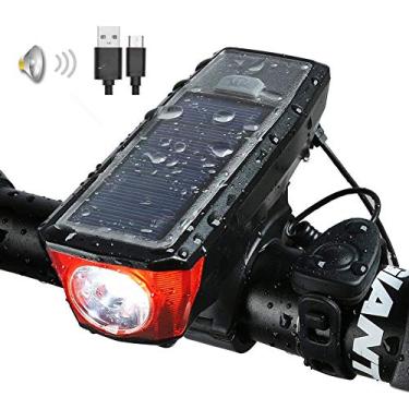 Imagem de Conjunto de lâmpadas frontais de bicicleta recarregáveis USB solar, 5 modos, 120 db, chifre de sino, 350 lúmens, 4 modos, farol de bicicleta à prova d 'água, saída USB, carrega o seu celular, luzes de pisca de segurança para ciclismo