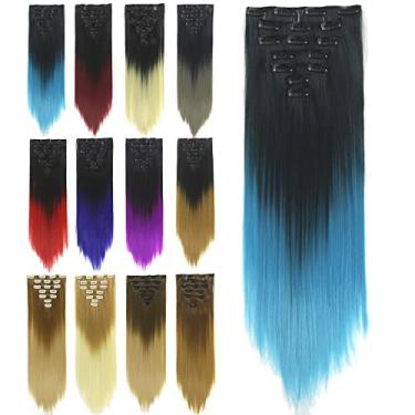 Imagem de IMISSU Conjunto de 7 peças clipe reto longo em extensões de cabelo ombre cor cabeça cheia peruca para mulheres (Ombre Céu Azul)