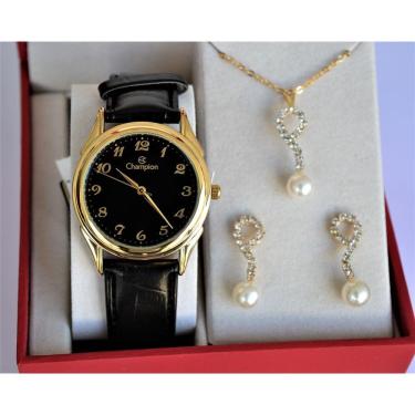 Imagem de Relogio Champion Feminino Visor Preto Couro Numeros Ch22219k + Kit Semi Joia