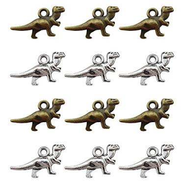 Imagem de Honbay 100 peças pingentes de metal dinossauro pingente prata antiga banhado a bronze T-rex joias achados para colar faça você mesmo, brinco, pulseira, chaveiro, artesanato (2 cores)