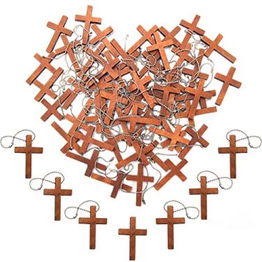 Imagem de Anglecai 50 peças mini pingente de cruz de madeira com 50 peças de chaveiros, mini pingente de cruz enfeite pendurado para pulseira, colar, brinco, fabricação de joias e artesanato, faça você mesmo