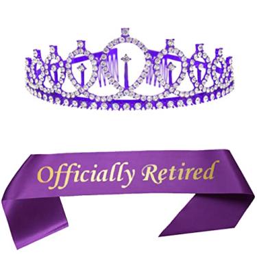 Imagem de Tiara roxa e faixa oficialmente aposentada cristal coroa presentes para mulheres mãe tia irmã amiga aposentadoria decoração suprimentos de festa