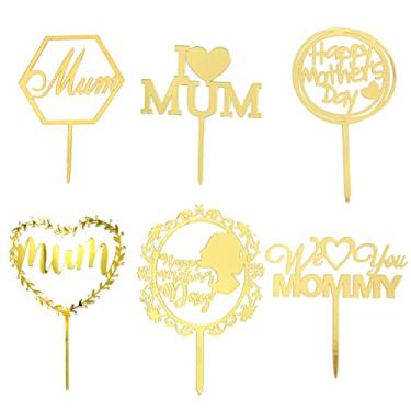 Imagem de 6 peças de topo de bolo dourado Happy Mother's Day, decoração de bolo We Love Mom, decoração de bolo, We Love Mummy para festa de aniversário das mães, festa de dia das mães, decorações de aniversário da mãe
