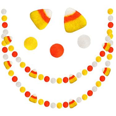 Imagem de 2 peças de banner de bolas de feltro de milho de doces guirlanda de bola de feltro laranja amarelo e branco feltro pompom guirlanda de pendurar para festa de Halloween, outono, Halloween, decoração de casa, 188 cm