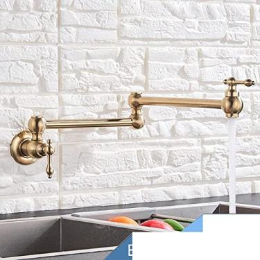 Imagem de Torneira de cozinha dobrável escovada torneira de pia única fria torneira giratória dobrável de latão montada na parede, escovado dourado A
