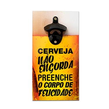 Imagem de Abridor Garrafas Parede Frase Felicidade Mdf c/Imã 25x13 Cm