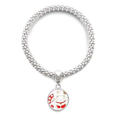 Imagem de DIYthinker Japan Lucky Fortune Pulseira de prata de cobre com pingente redondo de flor de gato