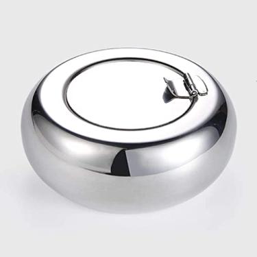 Imagem de Cinzeiro com Tampa Tambor de Aço Inoxidável Design Redondo Metal À Prova de Vento Sala de Estar Escritório Decorativo para Casa Cinzeiro Prata