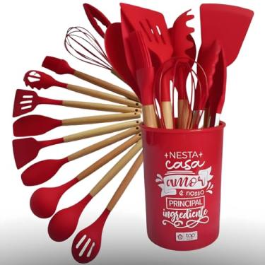Imagem de Kit De Cozinha 12 Peças Utensílios De Silicone Antiaderentes Com Cabos De Madeira e Nylon, Suporta Temperaturas até 230°C, Cabos Ultras Resistentes De Madeiras Não Riscam Suas Panelas UTIMAIS+
