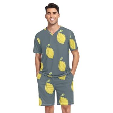 Imagem de KLL Pijamas masculinos fofos com estampa de limões amarelos desenhados à mão pijama de duas peças pijama de manga curta com bolsos, Padrão bonito de limões amarelos desenhado à mão, XX-Large