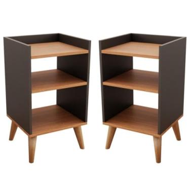 Imagem de Kit 2 Mesas de Cabeceira Retrô com Pés Palito em Madeira Maciça Prateleiras e Borda Superior Preto/freijó