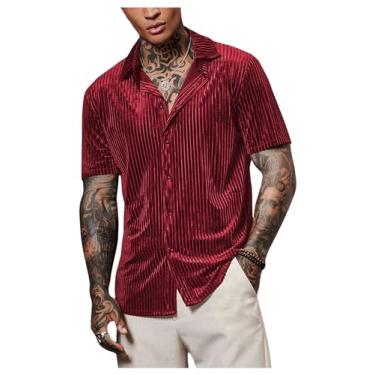Imagem de Verdusa Camisa masculina casual de veludo com gola de manga curta e botão frontal, Vermelho, M