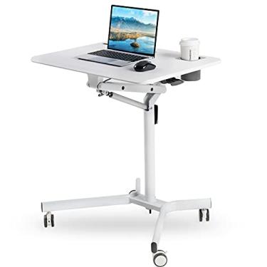Imagem de Mesa móvel para sentar – Mesa de laptop em pé ajustável com altura ajustável para mesa de sofá com rodinhas branco estação de trabalho com elevação de mola a gás para escritório em casa sala de aula