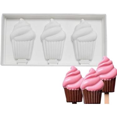 Imagem de 1 pacote com formas fofas de picolé em forma de sorvete, moldes de silicone para picolé, 3 cavidades, moldes de picolé para crianças, adultos, molde de sorvete, molde de bolo, faça você mesmo, máquina