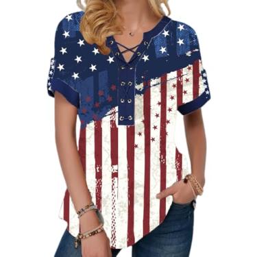 Imagem de Camiseta feminina bandeira americana 4th of July Star Stripes Ring Hole Camisetas EUA manga curta gola V patriótica, Listras, G