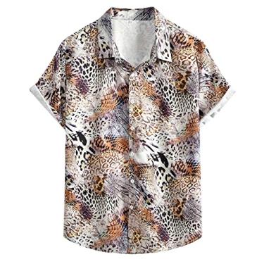 Imagem de Camiseta masculina de verão com estampa casual de manga curta moda praia casual material básico masculino, Caqui, M