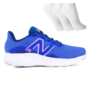 Imagem de KIT Tênis New Balance 411 V3 Feminino + 3 Pares de Meias (Azul/Rosa, BR, Adulto, Numérico, 37)