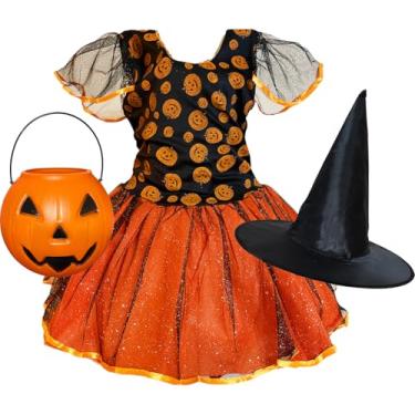 Imagem de Fantasia Infantil Bruxa Bruxinha Abóbora Criança Halloween Balé Vestido Roupa Menina Chapéu (Laranja Brilho, GG (veste 9-11 anos))