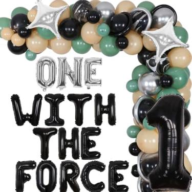 Imagem de Decorações de 1º aniversário do bebê Yoda – Um com a bandeira de balão da Força, arco de guirlanda de balão verde sálvia e preto com balões de estrela, balão de folha número 1 para meninos e meninas suprimentos para festa de aniversário