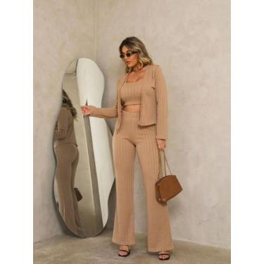 Imagem de Conjunto de calça, cropped e cardigan 3 peças cod2072 - LALOKA, Bege, 