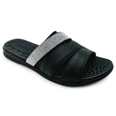 Imagem de Chinelo Slide Couro Strass Amortecedor Palmilha Massageadora - Usaflex