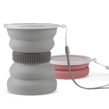 Imagem de IYYI Copo de viagem dobrável, copo dobrável de 297 g com tampa, copos dobráveis de silicone para acampamento, caminhadas, atividades ao ar livre, viagens, caneca de acampamento portátil (rosa + cinza)