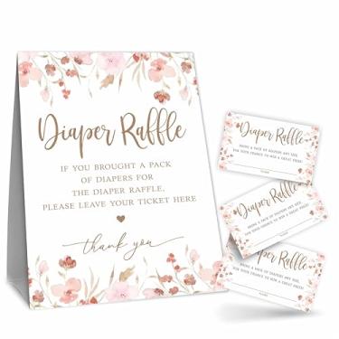 Imagem de Kit de jogo sorteio de fraldas para chá de bebê - Tema de flores silvestres - 1 placa de pé e 50 ingressos, decoração para chá de bebê de meninas, revelação de gênero, anúncio de bebê, lembrancinha de