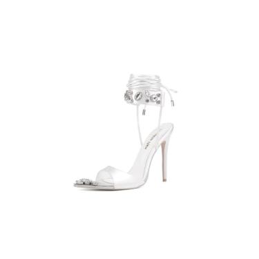 Imagem de Frankie Hsu Sandálias femininas de salto alto de cetim estileto verde com strass de cristal luxuoso, tamanho grande, com cadarço, Branco, 34