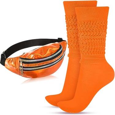 Imagem de Tarpop Meias femininas neon dos anos 80, pochete holográfica, meia folgada, longa, apertada, bolsa de cintura para fantasia de Halloween dos anos 80 e 90, Laranja, tamanho �nico