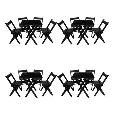 Imagem de Kit 4 Conjuntos Mesa Dobrável Para Bar E Restaurante 60x60cm Com 4 Cadeiras Em Madeira Maciça - Pret - Preto