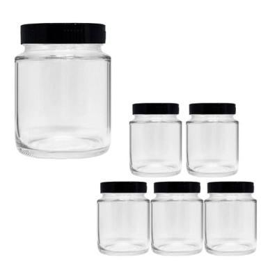 Imagem de Kit 6 Pote de Vidro 240ml Com Tampa Plástica Preta Para Tempero - Supe