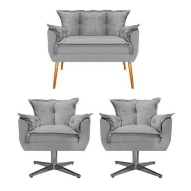 Imagem de Kit Namoradeira e 02 Poltronas Opala Base Giratória de Metal Suede Cin