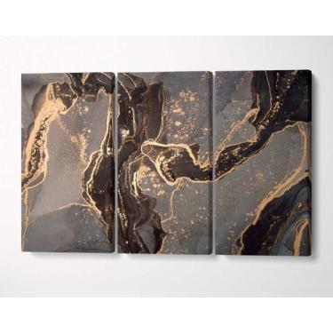 Imagem de 3 Quadros em Tecido Canvas Mármore Gold Black Art Abstract - LindaCasa