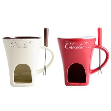 Imagem de ABPWO Caneca de fondue de chocolate, canecas de cerâmica para chocolate ou queijo, conjunto de copos de fondue de chocolate com garfos, ótimo para presente de aniversário e casamento (branco +