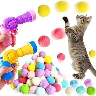Imagem de Eerrhhaq 2 lançadores de brinquedos para gatos e 100 bolas de pompom para gatos, lançadores de bolas para gatos, brinquedo interativo de bola de lançamento, bola elástica de pelúcia silenciosa para