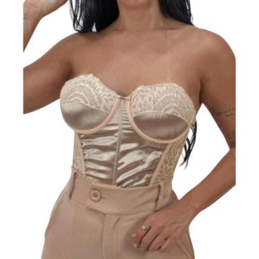 Imagem de Blusa Cropped sem alça Corselet Acetinado Renda Sensual - NoBrand, Nud