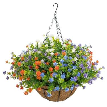 Imagem de NETAP Cesta de flores artificiais para decoração de primavera e verão ao ar livre, flores falsas parecem realmente resistentes a UV, plantas falsas penduradas para varanda, varanda, pátio, jardim,