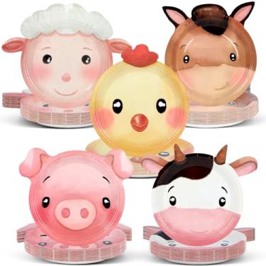 Imagem de Pratos de papel de festa com 50 unidades de animais de fazenda em forma de casa de fazenda, pratos descartáveis de aniversário de fazenda, tema animal, pratos de festa para aniversário, chá de bebê,