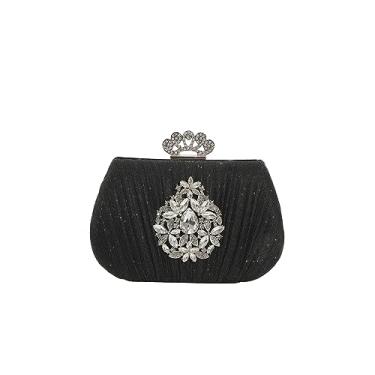 Imagem de CORIOS Bolsa feminina de strass para noite com lantejoulas plissadas, bolsa de mão de casamento de cristal, bolsa de ombro elegante, Preto, Large