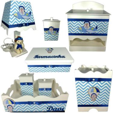 Imagem de Kit Higiene bebê Mdf menino 8 pçs - URSO AVIADOR CHEVRON AZUL BB - Flo