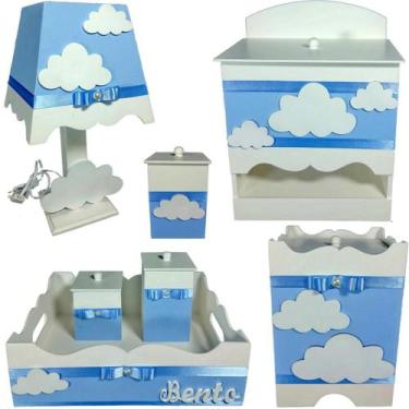 Imagem de Kit Higiene bebê Mdf menino 7 pçs - NUVEM AZUL BB - Flores para Mariae